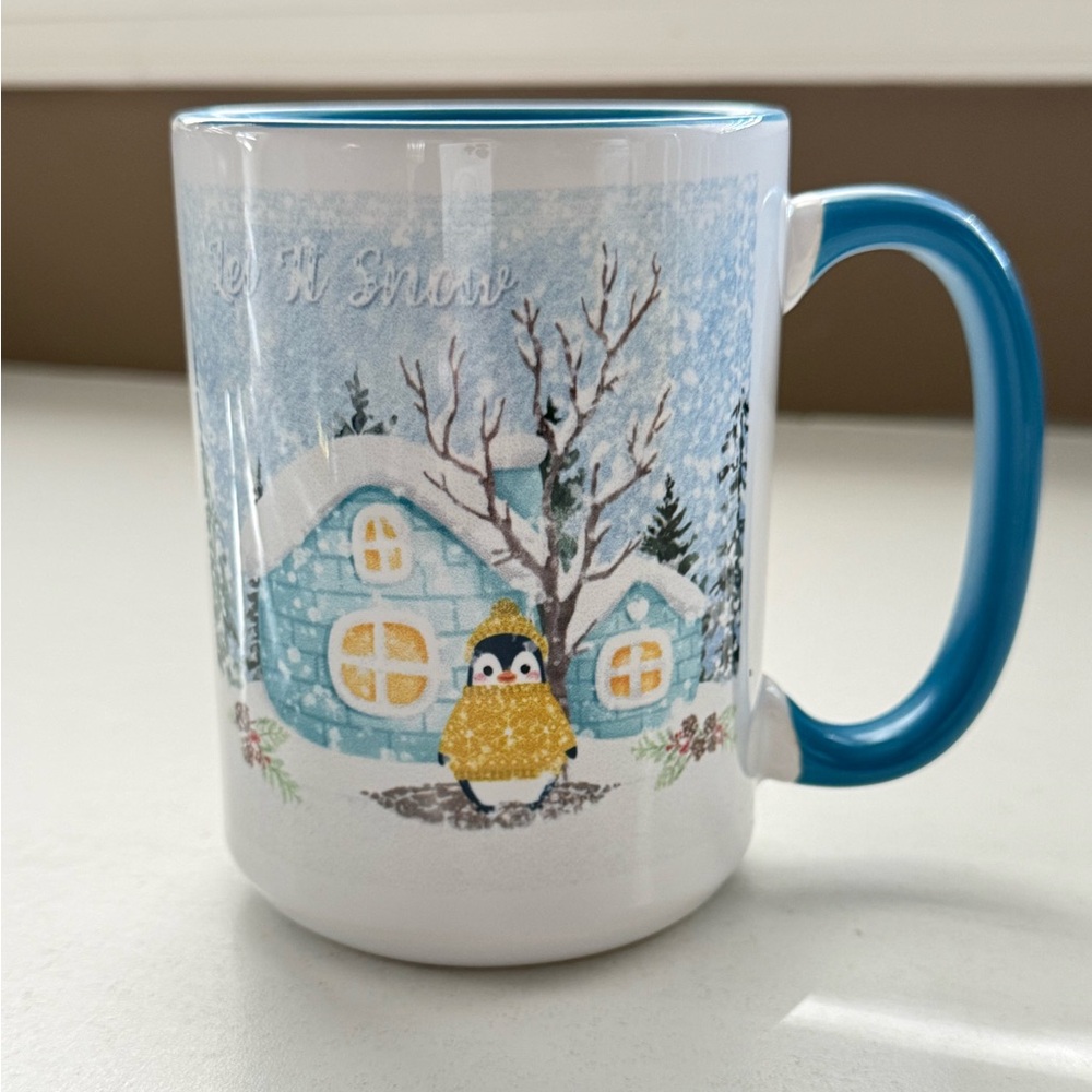 Winter Penguin Coffee Tea Mug 15oz Blue Let It Snow Christmas Holiday Mug